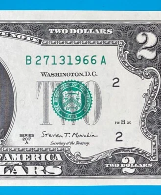 B 2713 1966 A : TRAILING YEAR 1966 $2 Two Dollar Bill Serial Number Uncirculated - Image 1 of 3