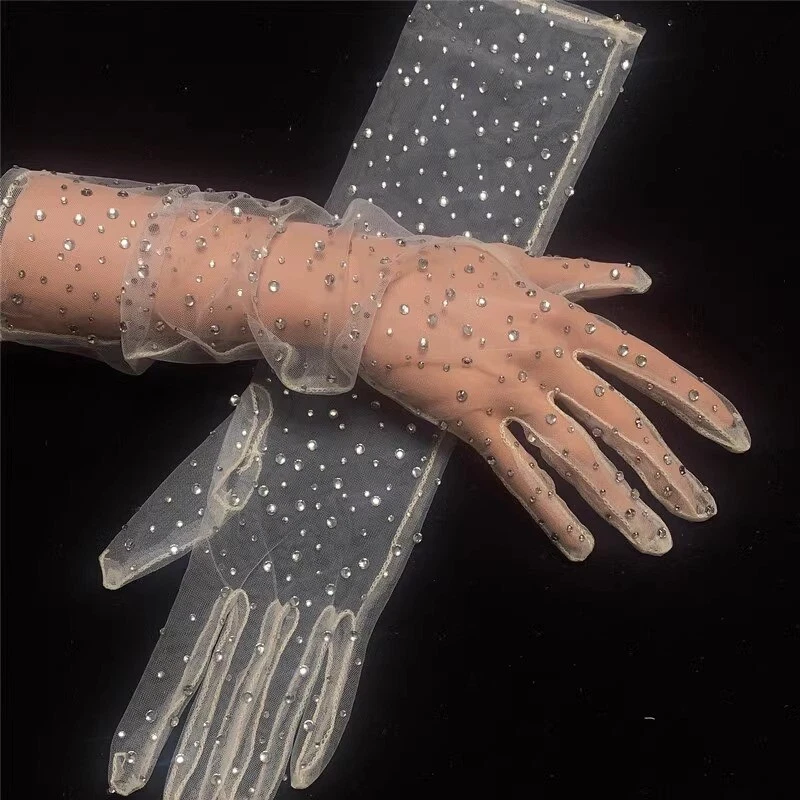 女士新娘婚礼手套闪光水钻中长网网透明晚装 — 第 1/4 张图片