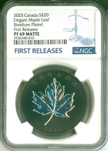 2025 S$20 Canada Elegant Maple Leaf Rhodium Plated FR NGC PF69 Matte Box COA OGP - Picture 1 of 6
