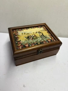 Vintage Holz Schmuckkästchen Gobelin Deckel mit Spiegel und ausziehbarem Tablett gebraucht - Bild 1 von 10