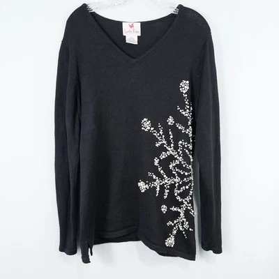 Quacker Factory Pearl Snowflake V Neck Sweater Womens Medium Black Ramie Cotton - Image 1 of 4