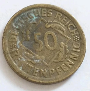 Weimar Germany 50 Rentenpfennig 1924 J Rare Old Vintage German Coin 0.5 Mark - Foto 1 di 2
