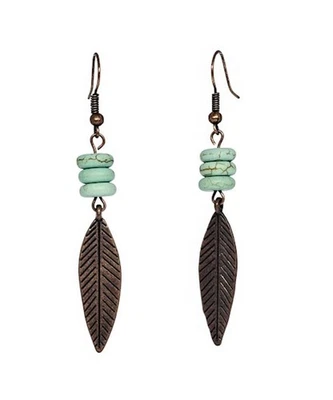 Handmade Copper Feather Charm Dangle Boho Earrings with Green Magnesite Beads - Image 1 of 4