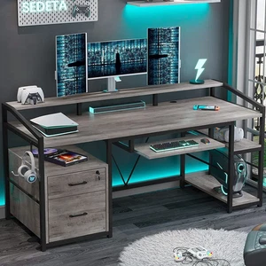 Escritorio para computadora con base metálica Ralphio, 2 cajones, almacenamiento bloqueable, soporte para monitor - Imagen 1 de 12