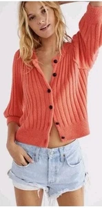 Free People Womens M Sloane Cardigan In Coral Clay Ribbed Sweater Soft - Picture 1 of 11