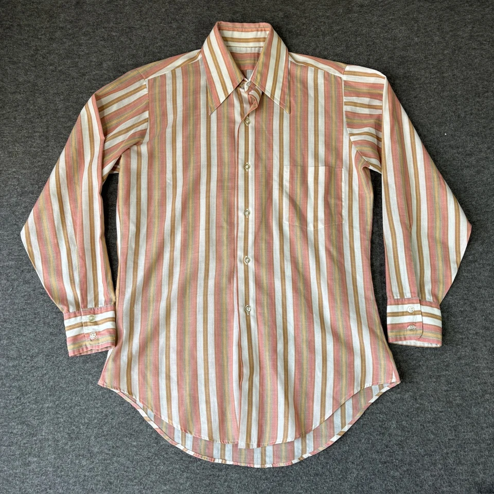 Camisa De Colección Años 70 Cuello Daggar Abotonada Para Hombre Grande L Rosa Rayas Foto 1 de 4