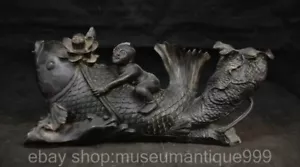 12.8" Old Chinese Copper Bronze Dynasty Tong Zi Boy Fish Statue Sculpture - Picture 1 of 10