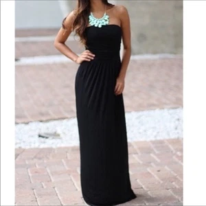 Strapless Cinched Ruched Bust Maxi Dress Long Tube Sundress Black S/M/L - Picture 1 of 3