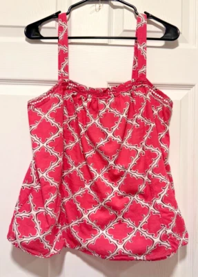 MERONA Top Camisa L 12 Busto 38 Largo 25 Rosa Brillante Blanco Negro Geométrico Foto 1 de 3