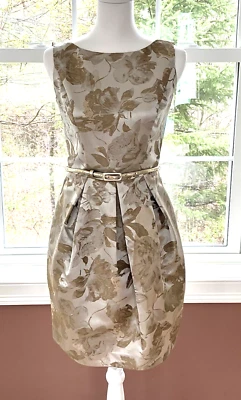 Eliza J Womens Size 2 Gold Metallic Cocktail Dress Floral Pleated Pockets & Belt - Image 1 of 4