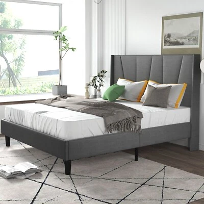 Sifurni Full Platform Bed Frame with Upholstered Geometric Wingback, Dark Grey