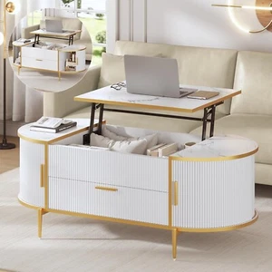 Modern Fluted Lift Top Coffee Table, Living Room Oval Coffee Table with Storage - Picture 1 of 36