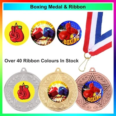 TROPHY PLANET Medaglia boxe con nastro GRATUITO, premio metallo 5 cm, vincitore - 40+ colori nastro