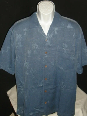 TOMMY BAHAMA 2-TONE BLUE PALM TREE PRINT 100% SILK S/S HAWAIIAN CAMP SHIRT SZ L - Image 1 of 4