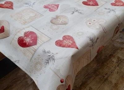 Red Hearts Patchwork White Snowflakes Grey Natural Brown PVC Plastic Table Cloth - Image 1 of 4