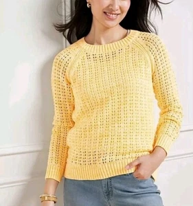 Talbots M Sweater Yellow Preppy Round Neck Open Knit Cotton Relaxed Summer Cover - Picture 1 of 13
