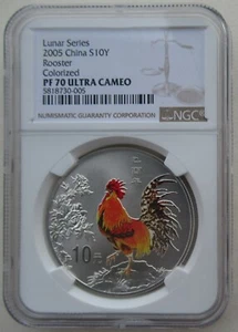 NGC PF70 China 2005 Lunar Zodiac Rooster Year Colorized Silver Coin 1oz 10 Yuan - Picture 1 of 4