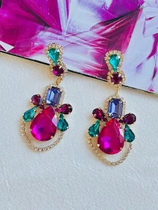 Large Fuchsia Crystals Water Drop Retro Pierced Earrings Green Purple Women Her - Picture 1 of 6