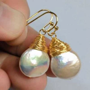 Natural Freshwater Baroque White Coin pearl Dangle Earrings Cultured - Picture 1 of 4