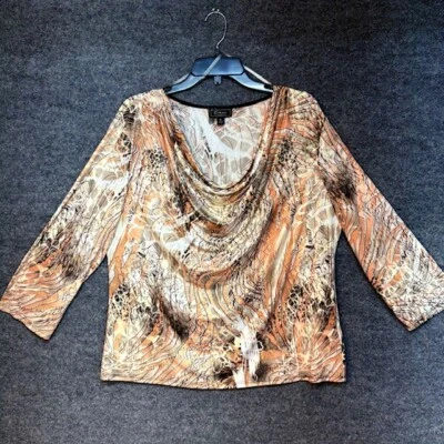 Colección Dressbarn Top Mujer XL Marrón Estampado Animal Cuello Cortina Manga 3/4 Foto 1 de 4