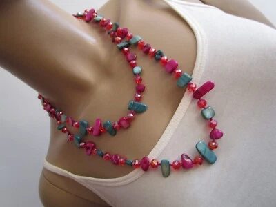 Damen Halskette Modekette Bettelkette lang Perlmutt Perlen Pink Grün Endloskette - Bild 1 von 4