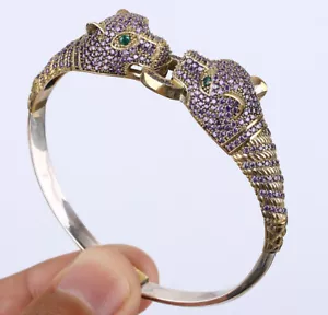 DOUBLE LIONS SIMULATED AMETHYST SILVER & BRONZE BANGLE BRACELET #14639 - Picture 1 of 3
