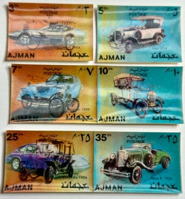 Estampillas lenticulares de autos clásicos de Ajman - (2 pares intactos) | Juego completo Foto 1 de 4