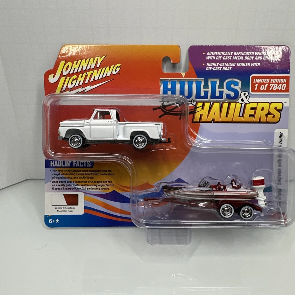 Johnny Lightning Hulls & Haulers 1965 Chevy Stepside w/ boat white lightning  - Image 1 of 2