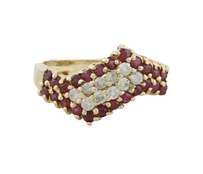 10k Yellow Gold Round Cut Natural Ruby and Diamonds Vintage Wedding Band Ring - Image 1 of 4