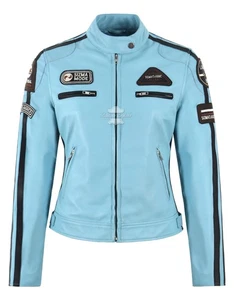 SIZMA Ladies Real Leather Jacket Light Blue Retro Motorcycle Racer Style Jacket - Picture 1 of 7