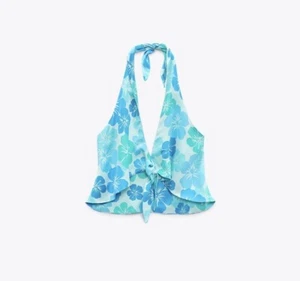 BNWOT Zara Blue Floral Satin Front Knot V-neck Silky Top Plunge Halter-neck XS - Picture 1 of 3