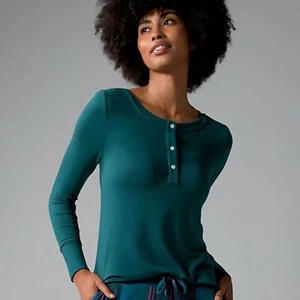 Soma | Dunkelgrünes Henley Struktur Stretch Langarm Top, Damen Medium - Bild 1 von 8