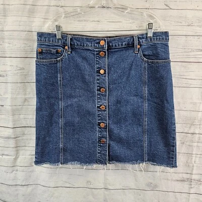 Gap Womens Denim Skirt Sz 33 Blue Button Front Cotton Blend Raw Hem - Image 1 of 4