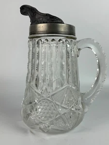 American Brilliant ABP Cut Glass Etched Metal Top Heavy Crystal Pitcher - Picture 1 of 4