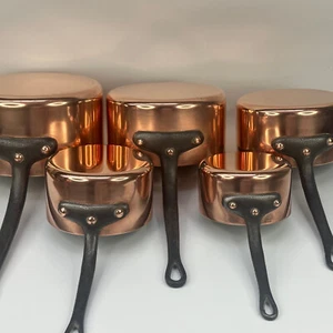 Vintage Kitchen Set of 5 Heavy 6kg Quality Copper Pans Stamped Made In France - Picture 1 of 24
