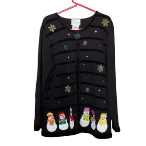 Vtg Quacker Factory Christmas Cardigan Women L Snowman Snowflake Embellishment - Picture 1 of 9