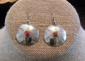 Pair Mexico Engraved Sterling Silver Dangle Shepherd Hook Earrings Red Coral 1" - Picture 1 of 8