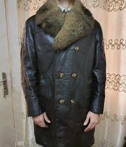 Vintage handtailored bespoke genuine Leather fur collar belted over coat 38R 44R - Picture 1 of 13