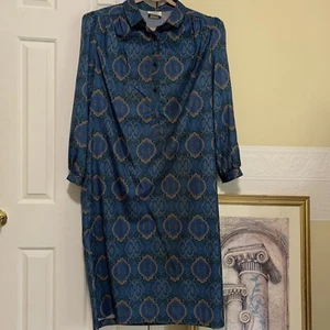 Vintage 70s Dress Blue Paisley Print Size 18 Missing Top Button Collar - Picture 1 of 14