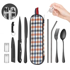 Portable Travel Camping Stainless Steel Cutlery Set Spoon Knife Fork Gloss Black - Picture 1 of 11