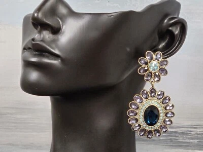 Heidi Daus Crystal Drop Earrings Petal Design Blue Purple Multicolor NWT - Image 1 of 4