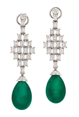 Huge Teardrop Pine Green Emeralds & Lab-Created Diamonds Antique Drop Earrings - Image 1 of 4