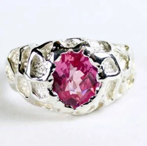 925 Sterling Silver Men's Nugget Ring, Created Pink Sapphire, SR168 - Picture 1 of 5