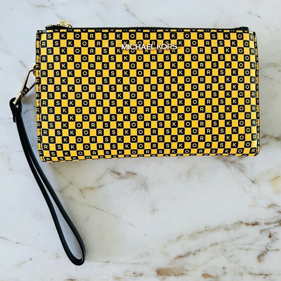 Michael Kors Large Double Zip Wallet Wristlet Taxi Yellow Multi