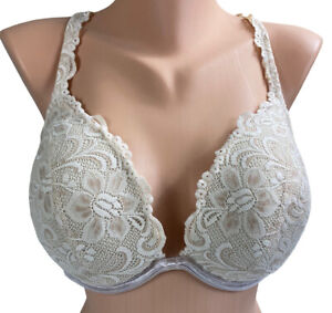 Cacique Boost Plunge Bra Sz 44B Floral Ivory Lace Overlay Underwire 