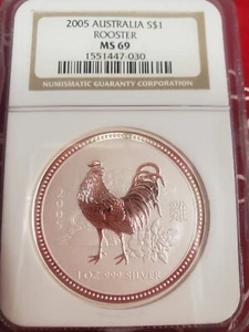 2005 Australian Year of the Rooster๐ 1 oz .999 Silver Coin NGC MS 69 1$ ๐๐๐ - Picture 1 of 5