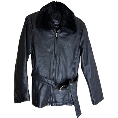 Tannery West Leather Jacket Women’s Small Black Belted Faux Fur Collar Zip Moto - Image 1 of 4