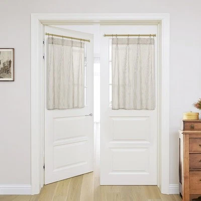 Cortina de puerta pequeña de lino transparente boho a rayas para ventana de vidrio, paquete de 2, 40 pulgadas Foto 1 de 4