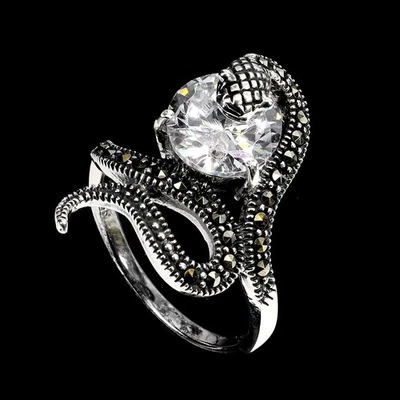 925 Sterling Silver Ring Round Simulated Cz Marcasite Cobra Gemstone Jewelry 7.5 - Image 1 of 4