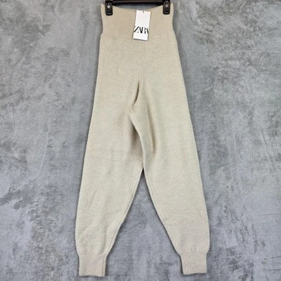 Zara Knit Jogger Pants Womens Small Beige High Waist Ribbed Cuffs Lounge Sweater - Image 1 of 4